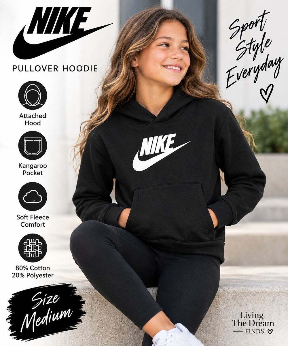 Nike Youth Black Fleece Pullover Hoodie White Swoosh Logo Size Medium